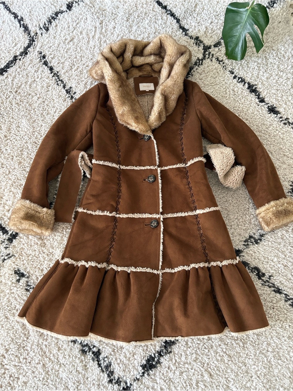 Laundry By Shelli Segal Girls' Brown Faux Shearling Hooded Pea Coat
